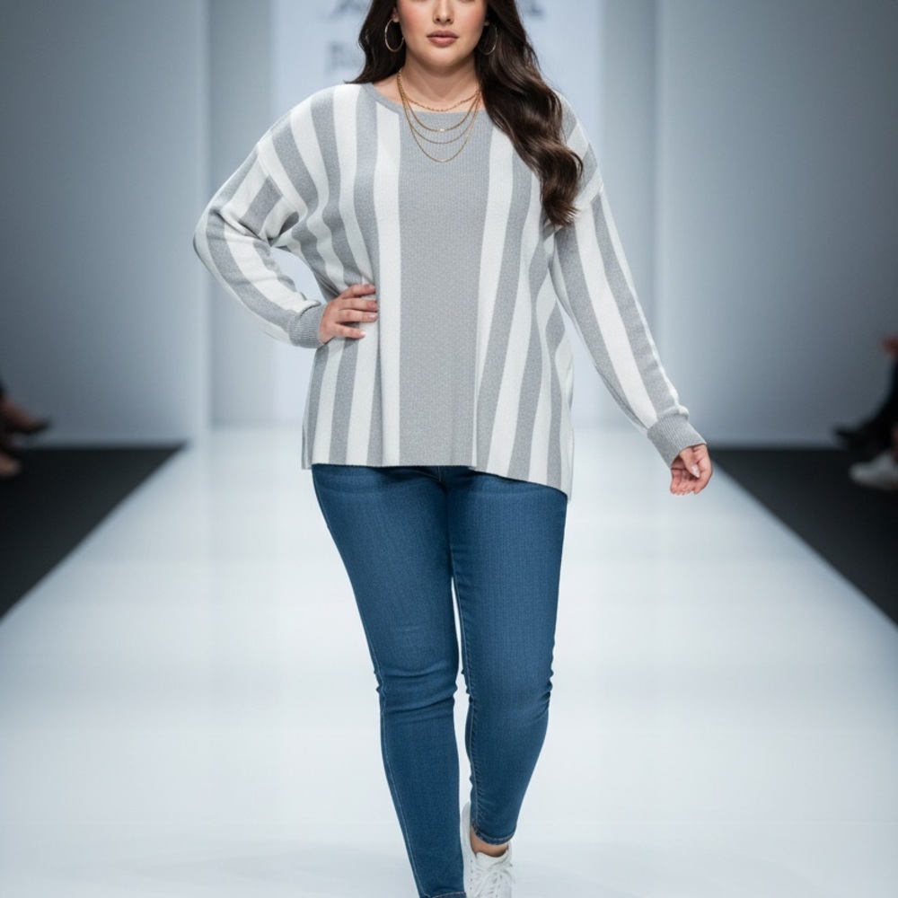 Cyrus Gray and White Striped Crew Neck Sweater